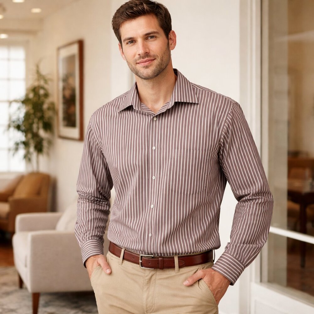 Mens Pronto Uomo Brown Stipes Size Large Long Sleeve Shirt